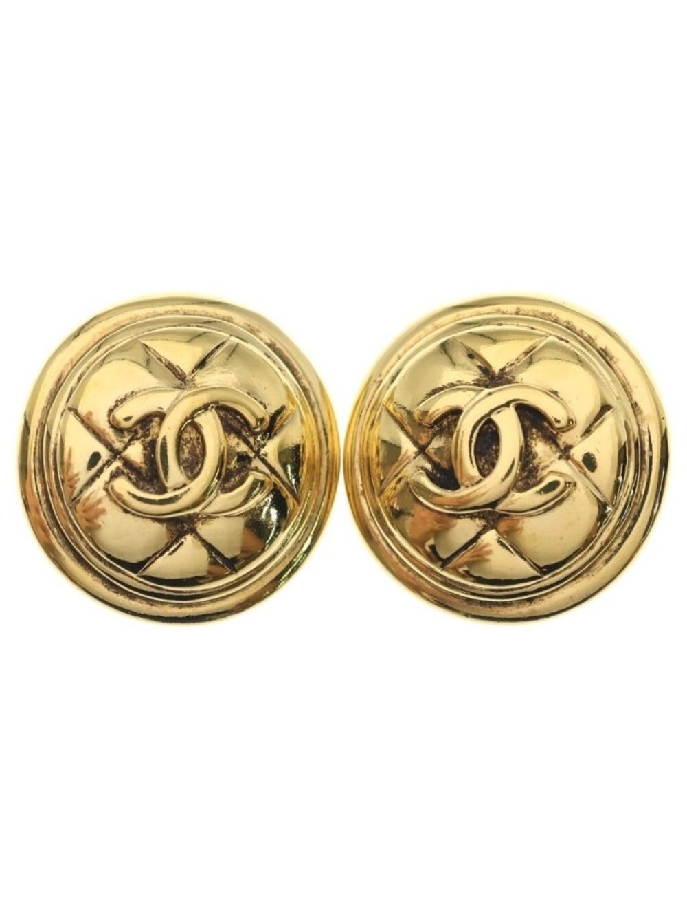 Chanel CC Logo Earrings Quilted Round Plated Gold